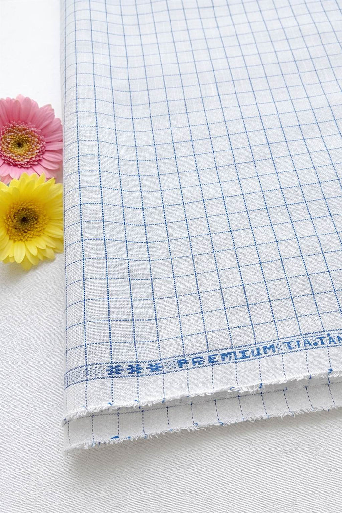 White Cotton Linen Fabric with Blue checks (60 lea)