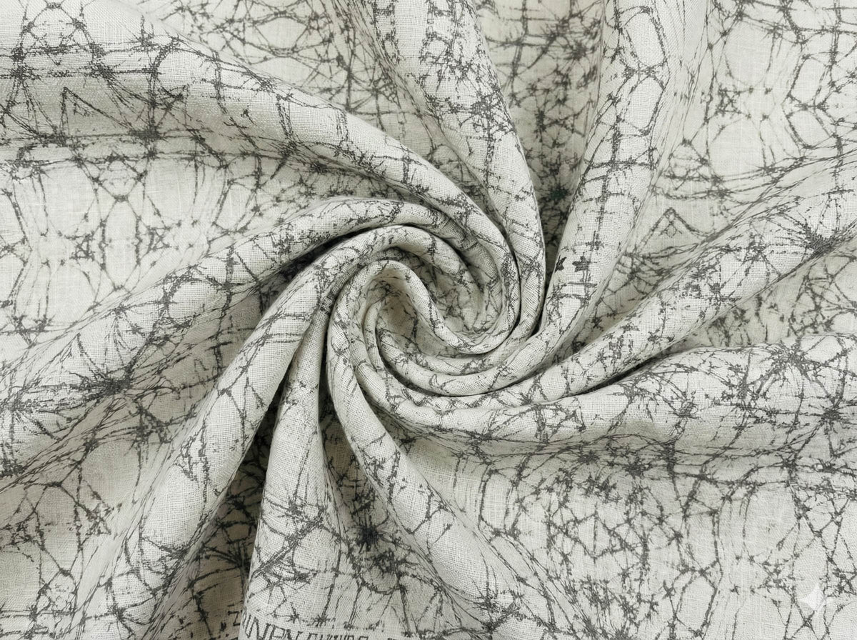 Greyish Blue Digital printed Off White 100% Pure Linen Fabric (0% Cotton)