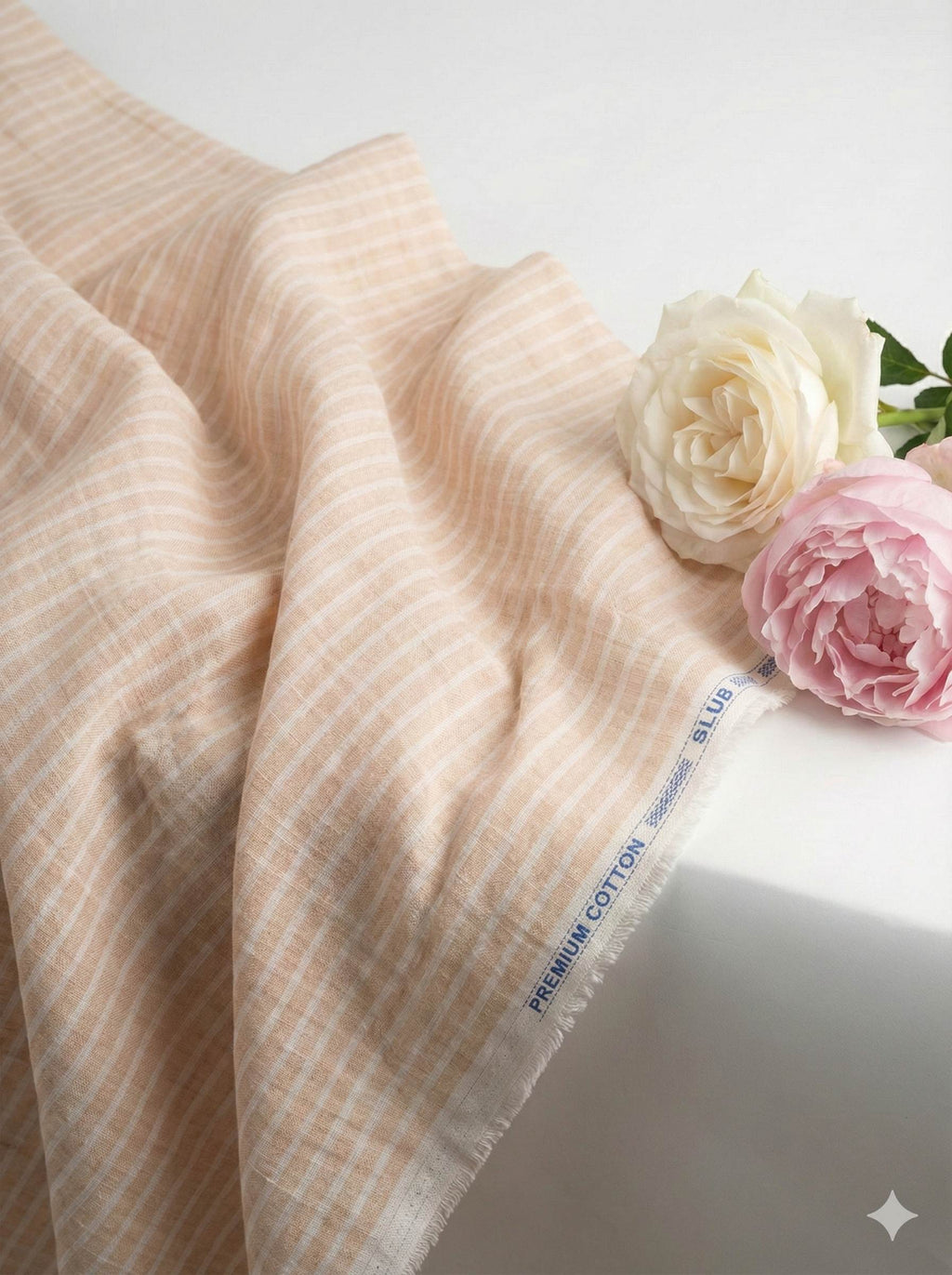 Peach Premium Cotton Linen Fabric with Broad White Horizontal Stripes (60 lea)