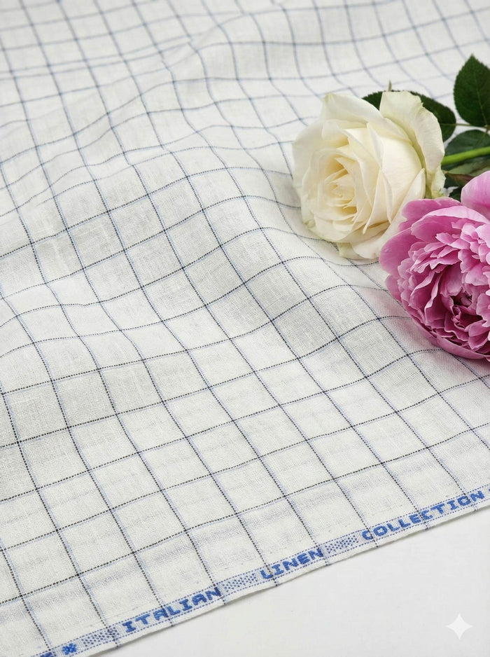 Off white Cotton Linen Fabric with Blue & Black Checks (60 lea)