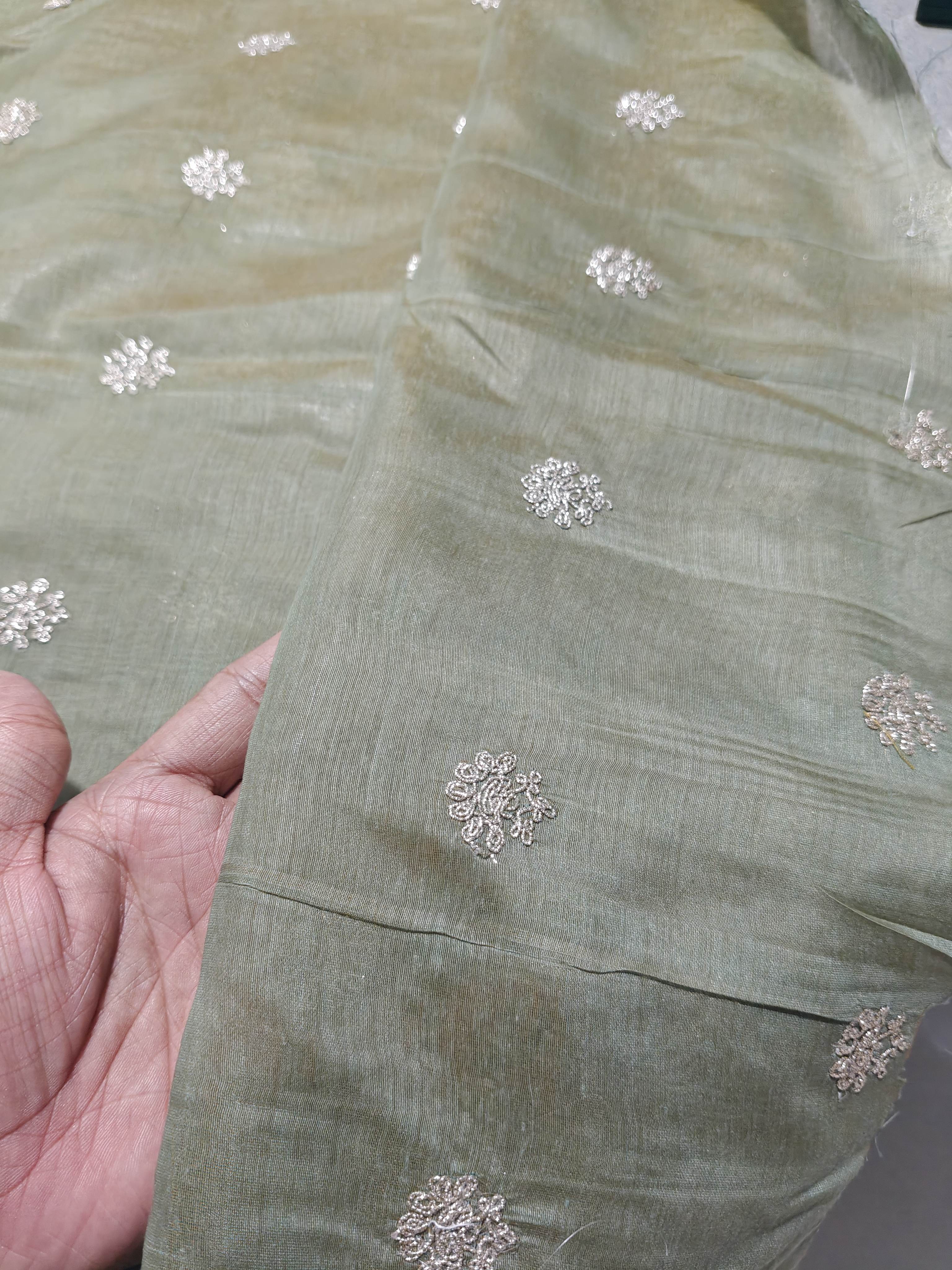 Golden Glitter Thread Embroidered Motifs on Olive Green Chanderi Silk Fabric