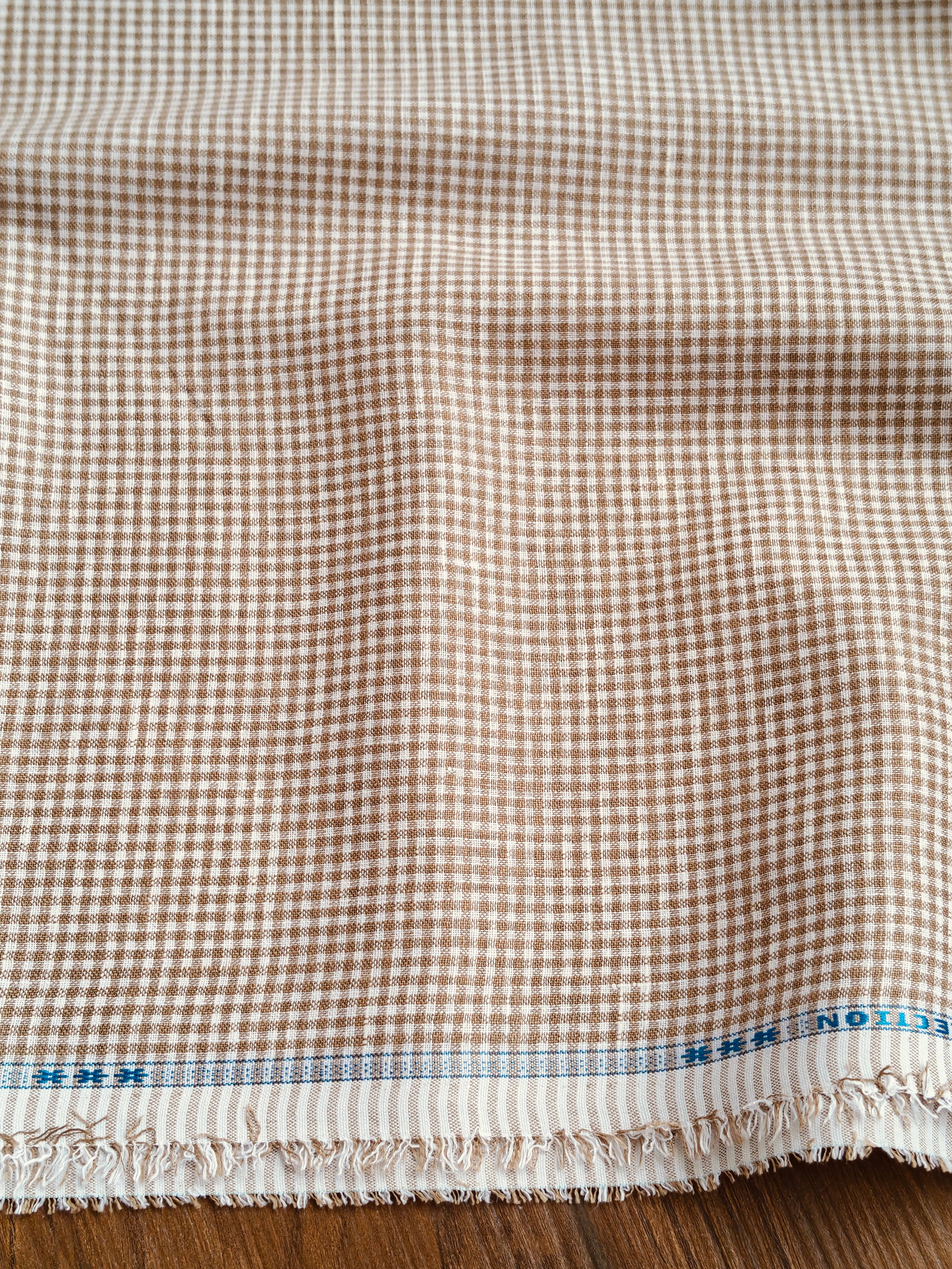 Brown White Checks Pure Italian 60 lea Cotton Linen Fabric
