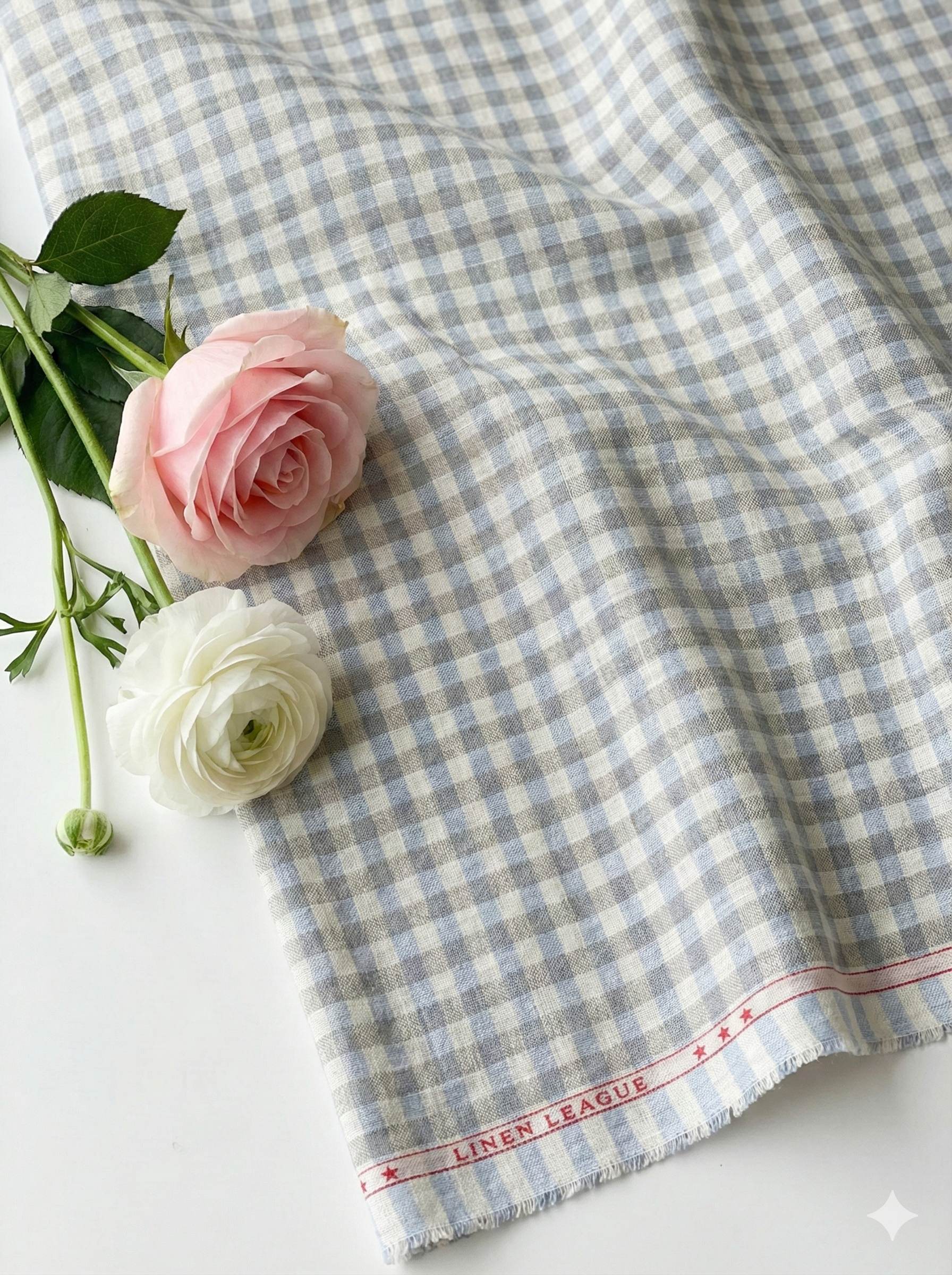 Blue, White & Grey Checks 100% Pure linen Fabric 60 Lea (0% Cotton)