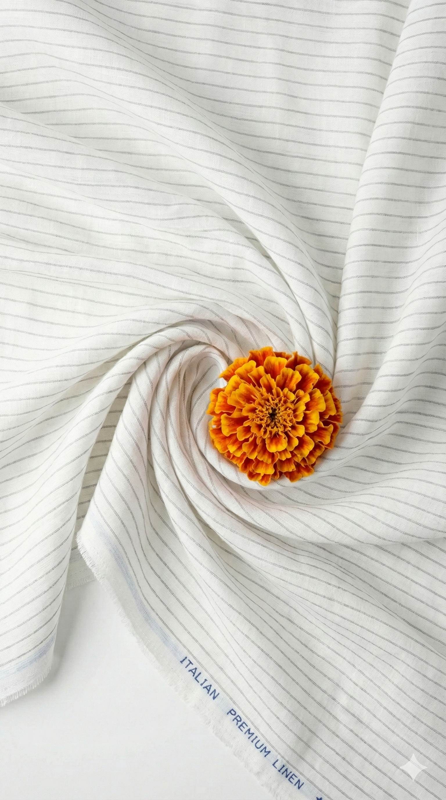 White with Grey Horizontal Lines Premium Cotton Linen Fabric (60 Lea)