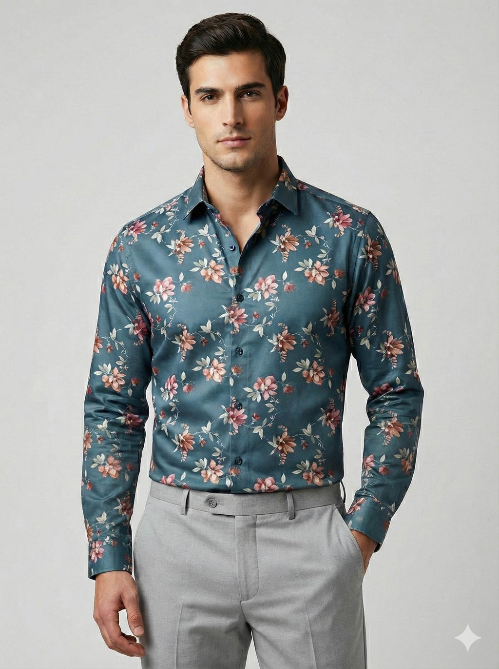 Dark blue Glossy Floral print Pure cotton Fabric