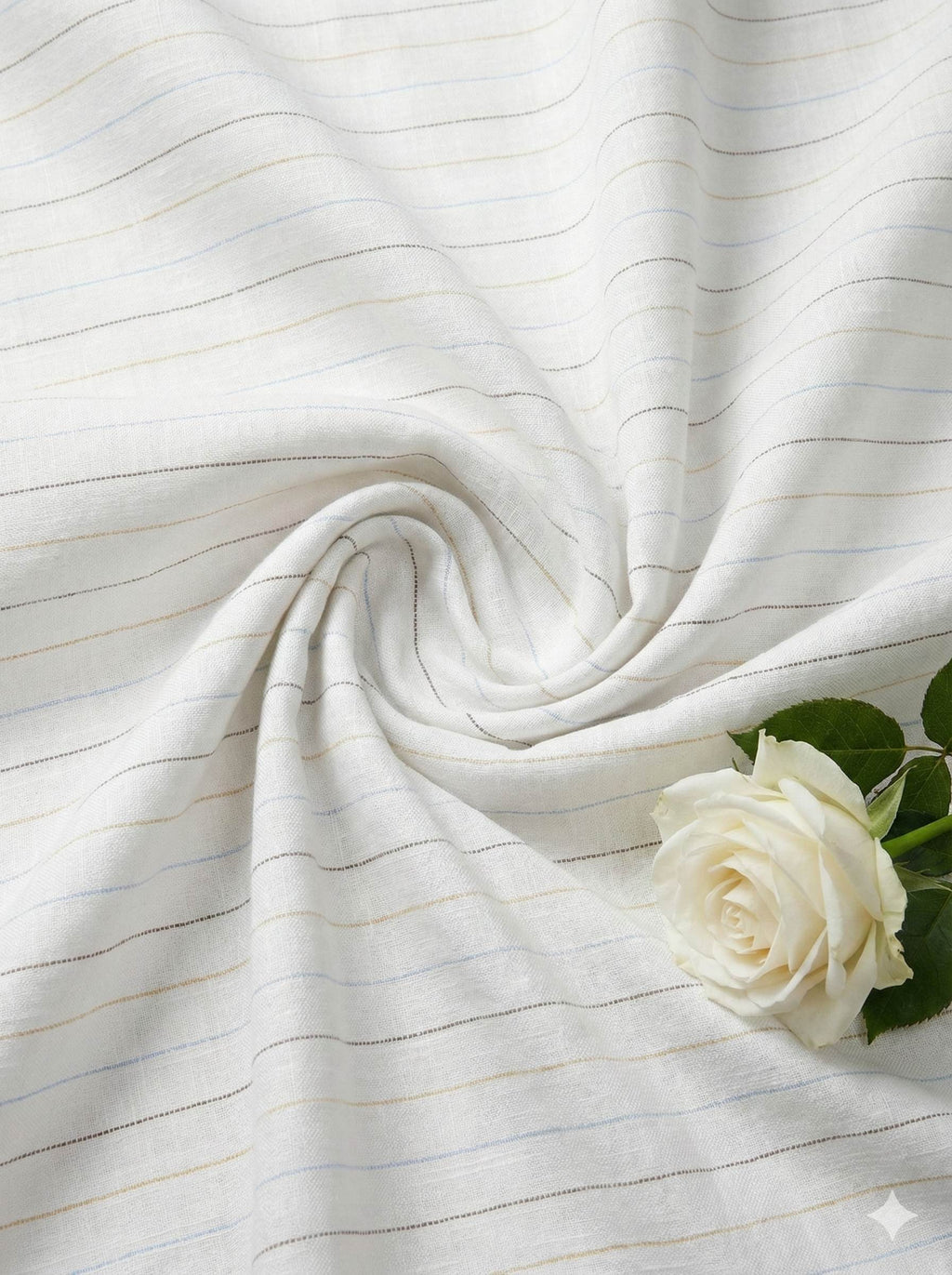 Off white Cotton Linen Fabric with Sky Blue, Mustard Yellow & Brown Horizontal Lines (60 lea)