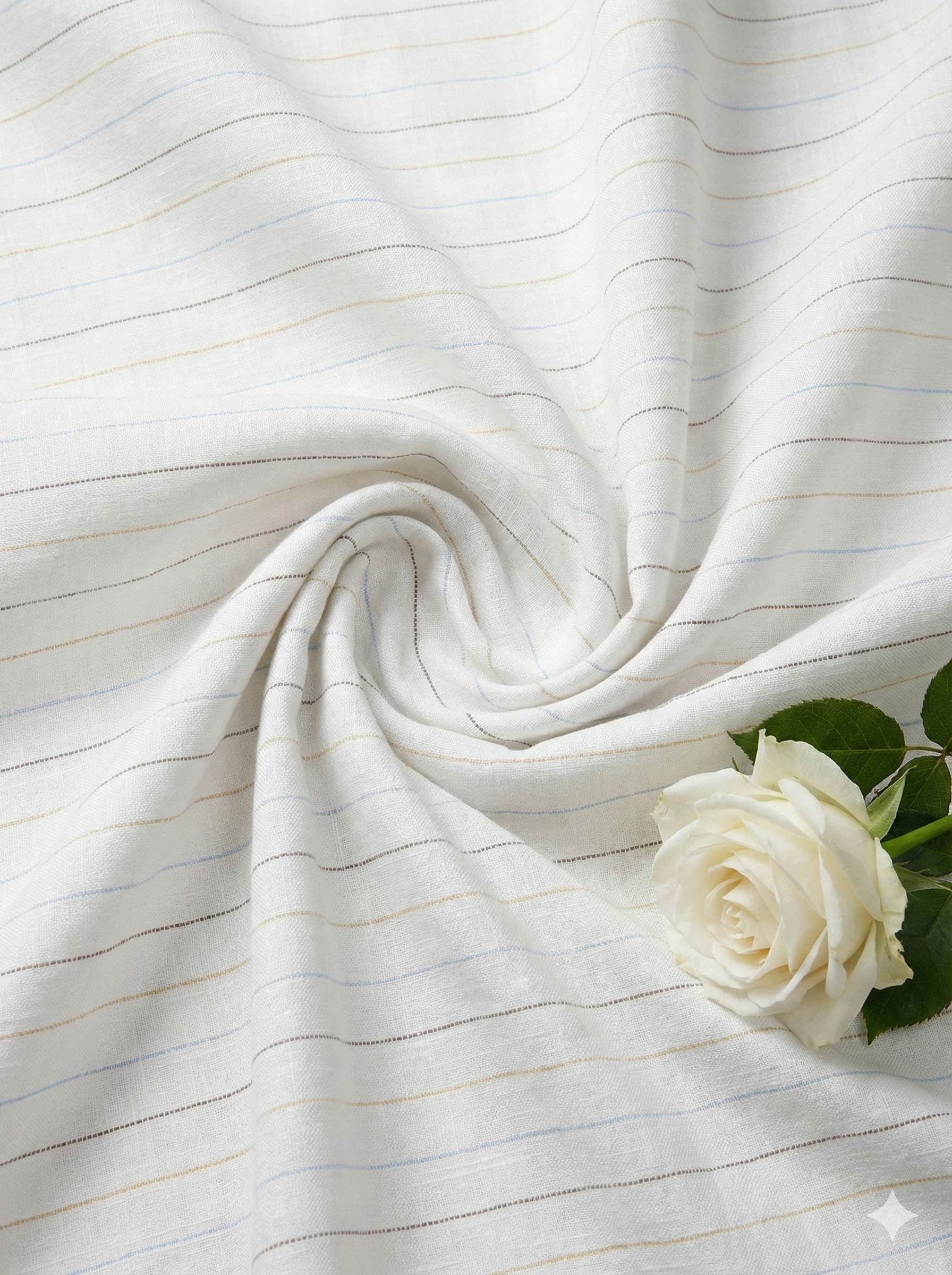 Off white Cotton Linen Fabric with Sky Blue, Mustard Yellow & Brown Horizontal Lines (60 lea)