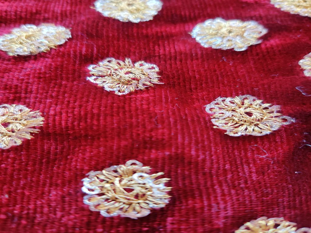 Maroon Golden Sequinned Flowers Embroidered Velvet Fabric