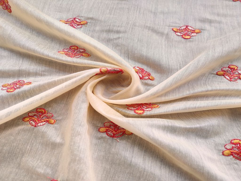 Yellow Motifs Embroidered Chanderi Fabric