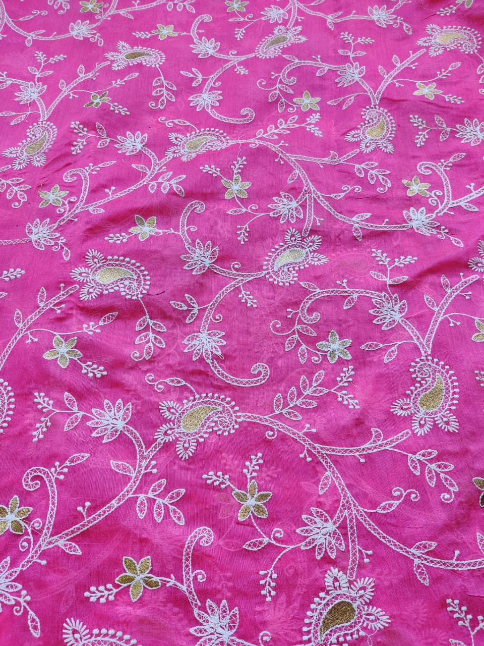 Magenta Pink Chikankari Embroidered Chanderi Fabric