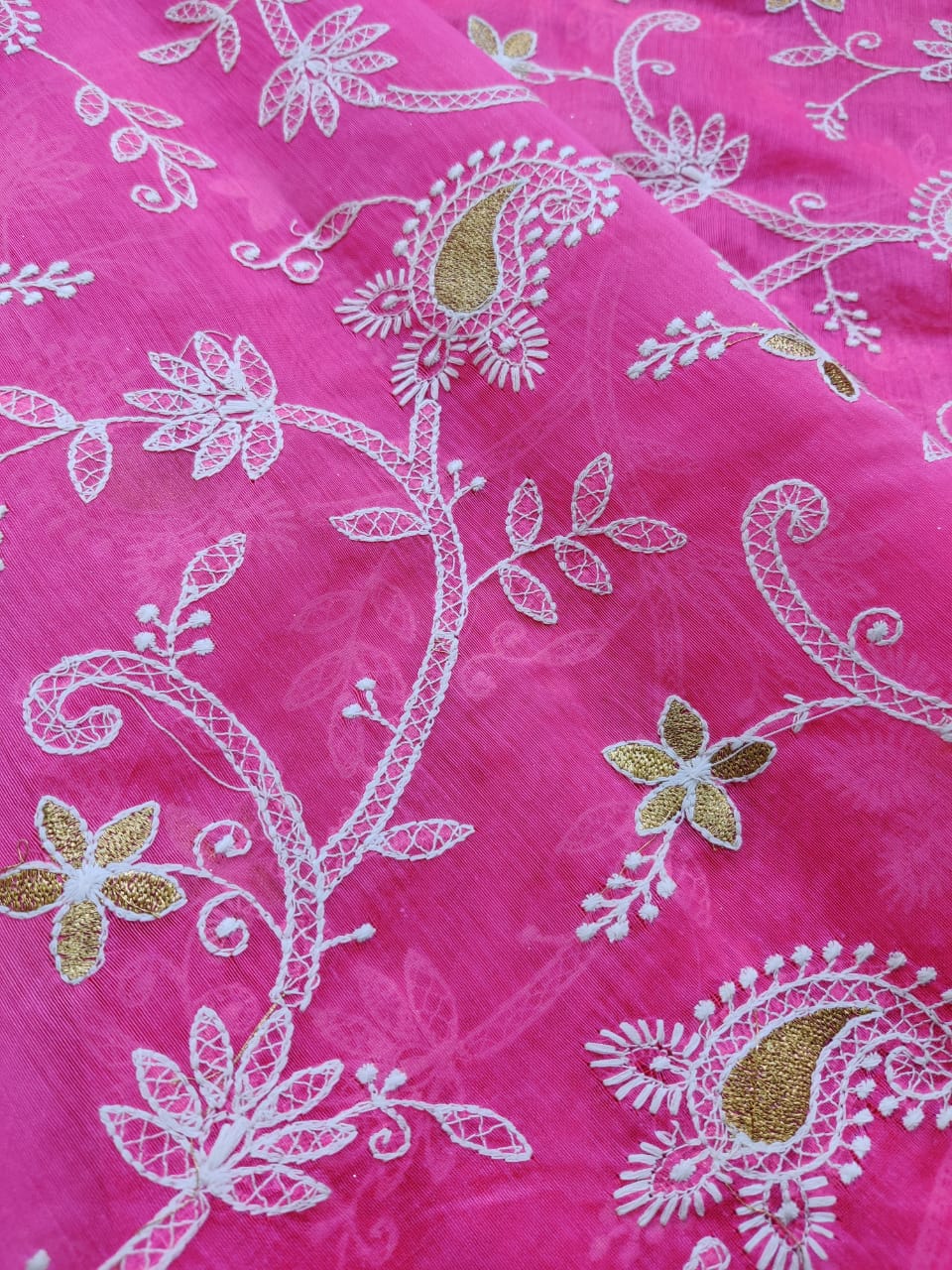 Magenta Pink Chikankari Embroidered Chanderi Fabric